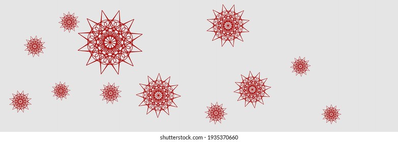 Horizontal Snowflakes Chaotic New Year Snow Ornament. Winter Red Bright White Ornamental Sky Background. Silver Christmas Grey Holiday Mandala Background. Stars Santa Print Chaotic Wallpaper.
