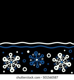 Horizontal snowflakes pattern with copy space (place for your text). Vector seamless pattern with snowflakes on black background.