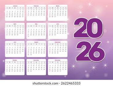 horizontal soft pastel calendar template for 2026, european template with week start on sunday