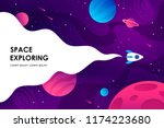 horizontal space background with abstract shape and planets. Web design. space exploring.  vector illustration
