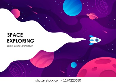 horizontal space background with abstract shape and planets. Web design. space exploring.  vector illustration