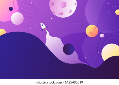 Horizontal space background with abstract shape and planets. Web design. Space exploring. Vector illustration. Rocket. Gradient design.