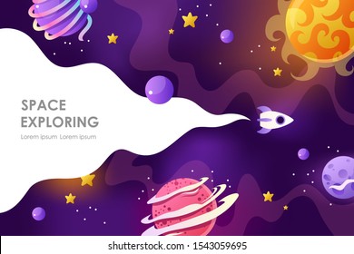 Horizontal space background with abstract shape and planets. Cartoon game backdrop. Web design. Space exploring. Vector illustration