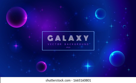 Horizontal space background with abstract shape and planets. Web design. Space exploring. Vector illustration of galaxy. Concept of web banner.