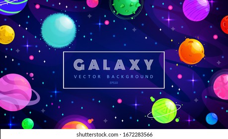 Horizontal space background with abstract shape and planets. Web design. Space exploring. Vector illustration of galaxy. Concept of web banner.