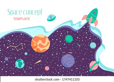 Horizontal space background with abstract shape and planets. Web design template. Space exploring concept. vector flat illustration