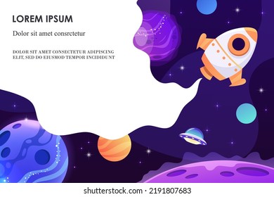 Horizontal space background with abstract shape and planets. Web design. Space exploring. Vector illustration. Template for presentation, banner, flyer. Spaceship