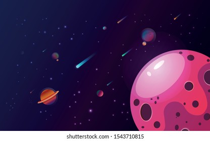 Horizontal space background with comets and planets. Vector illustration.