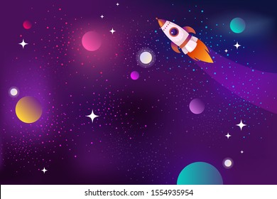 Horizontal space background with with flying rocket and planets. Web design. Space exploring. Vector illustration. Gradient design.