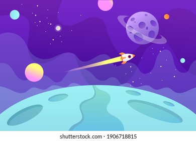 Horizontal space background with flying spaceship and planets.  Web design. Space exploring. Vector childish cartoon illustration. EPS 10. 