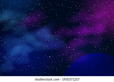 Horizontal space background with realistic nebula, stardust and planets. Night sky. Web design. Infinite universe. Vector illustration of galaxy. Concept of web banner.