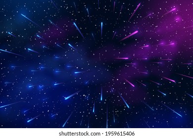 Horizontal space background with realistic nebula, stardust and stars. Night sky. Web design. Infinite universe. Vector illustration of galaxy. Concept of web banner.