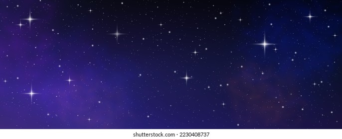 Horizontal space background with realistic nebula, stardust and shining stars. Concept of web banner. Magic color galaxy. Infinite universe and starry night sky. Vector illustration.