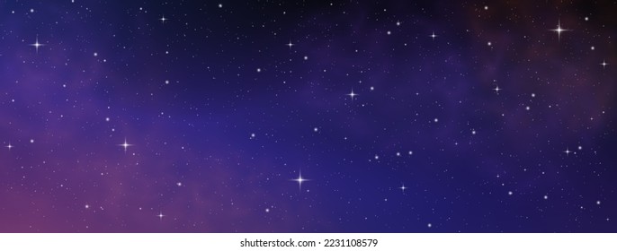 Horizontal space background with realistic nebula, stardust and shining stars. Concept of web banner. Magic color galaxy. Infinite universe and starry night sky. Vector illustration.