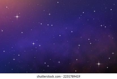 Horizontal space background with realistic nebula, stardust and shining stars. Concept of web banner. Magic color galaxy. Infinite universe and starry night sky. Vector illustration.