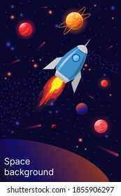 Horizontal space banner. Rocket, universe, planets, stars and the Milky Way. Vector Illustration