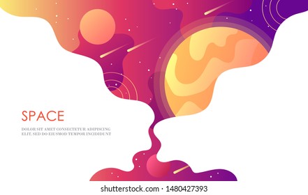 Horizontal space banner. Universe with planets, stars and asteroids. Template for design of landing page, web page, poster, flyer, presentation. Vector cartoon illustration.