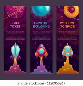 Horizontal space banners set. Rocket launch marketing illustration. Vector typography design templates with cartoon spaceships.