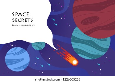 Horizontal space frame with abstract shape and planets background for web, advertisement, promotion, presentation, banner and poster, flat design style, vector templates illustration.