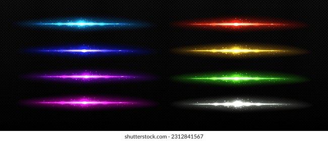 Horizontal sparkle divider line with glow effect in blue, red, yellow and purple. Bright laser ray vector streak on transparent background. Isolated special energy explosion and glitter. Shiny overlay