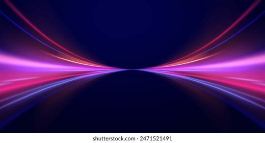 Horizontal speed lines connection vector background. Racing cars dynamic flash effects city road with long exposure. Power energy. LED glare tape. 
