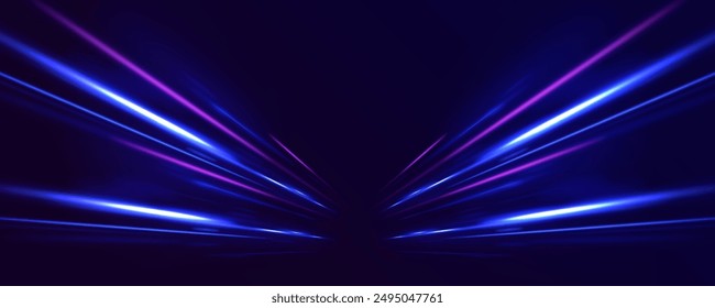 Fondo Horizontal del Vector de conexión de líneas de velocidad. Luz y rayas que se mueven rápidamente sobre fondo oscuro. Escena dinámica de brillo. Llamarada de neón. Rayos coloridos.	
