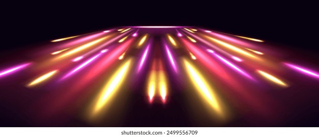 Horizontal speed lines connection vector background. Light and stripes moving fast over dark background. Shine dynamic scene. Neon flare. Colorful rays.	
