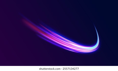 Horizontal speed lines connection vector background. Futuristic dynamic motion technology blue glowing lines air flow effect.  Racing cars dynamic flash effects city road with long exposure. 