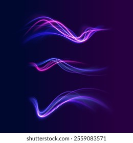 Horizontal speed lines connection vector background. Futuristic dynamic motion technology blue glowing lines air flow effect.  Racing cars dynamic flash effects city road with long exposure. 
