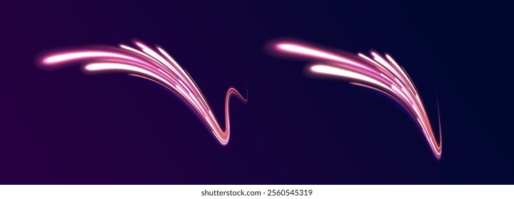 Horizontal speed lines connection vector background. Futuristic dynamic motion technology blue glowing lines air flow effect.  Png racing cars dynamic flash effects city road with long exposure. 
