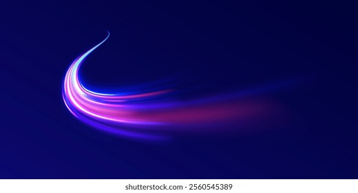 Horizontal speed lines connection vector background. Futuristic dynamic motion technology blue glowing lines air flow effect.  Racing cars dynamic flash effects city road with long exposure. 