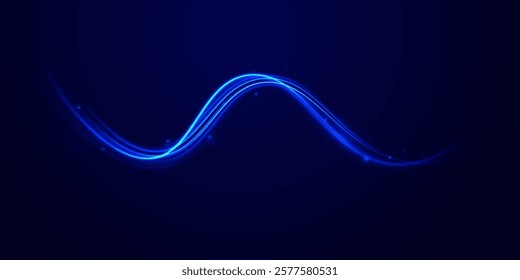 Horizontal speed lines connection vector background. Futuristic dynamic motion technology blue glowing lines air flow effect.  Racing cars dynamic flash effects city road with long exposure. 