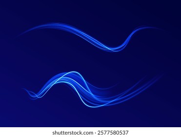 Horizontal speed lines connection vector background. Futuristic dynamic motion technology blue glowing lines air flow effect.  Racing cars dynamic flash effects city road with long exposure. 