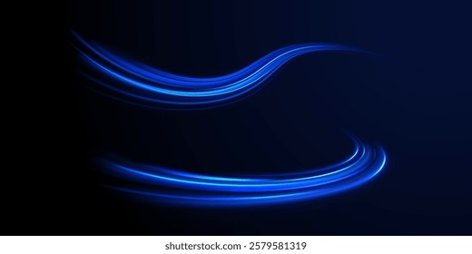 Horizontal speed lines connection vector background. Futuristic dynamic motion technology blue glowing lines air flow effect.  Racing cars dynamic flash effects city road with long exposure. 