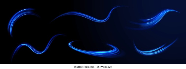 Horizontal speed lines connection vector background. Futuristic dynamic motion technology blue glowing lines air flow effect.  Racing cars dynamic flash effects city road with long exposure. 