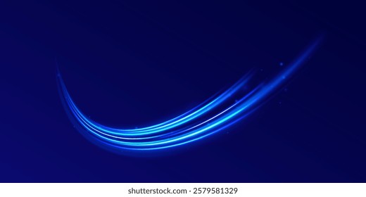 Horizontal speed lines connection vector background. Futuristic dynamic motion technology blue glowing lines air flow effect.  Racing cars dynamic flash effects city road with long exposure. 