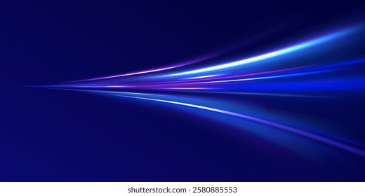 Horizontal speed lines connection vector background. Futuristic dynamic motion technology blue glowing lines air flow effect.  Racing cars dynamic flash effects city road with long exposure. 