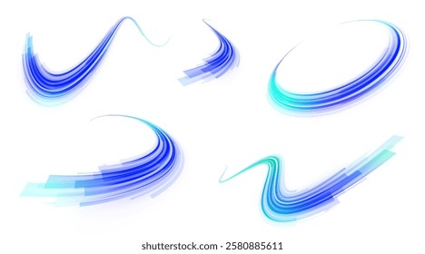 Horizontal speed lines connection vector background. Futuristic dynamic motion technology blue glowing lines air flow effect.  Racing cars dynamic flash effects city road with long exposure. 