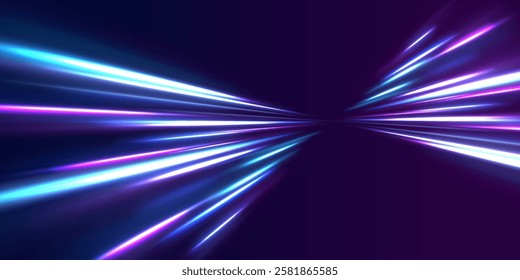 Horizontal speed lines connection vector background. Futuristic dynamic motion technology blue glowing lines air flow effect.  Racing cars dynamic flash effects city road with long exposure. 