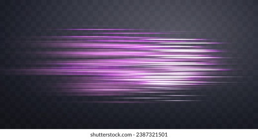 Horizontal speed rays, light neon flow, zoom in motion effect, pink glow speed lines, colorful light trails, stripes. Abstract background, vector illustration.