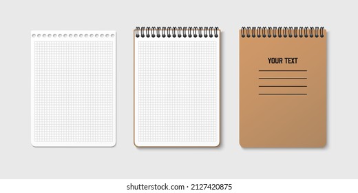 Horizontal spiral spring notepad with space for your image or text on gray isolated background in three variations. Checkered sheet. Notebook vector clipart illustration. Top view