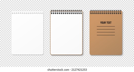 Horizontal spiral spring notepad with space for your image or text on transparent background in three variations. Clean empty sheet. Notebook vector clipart illustration. Top view