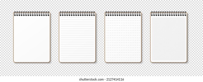 Horizontal spiral spring realistic notepad on transparent background. Lined, gridded, checkered grid, dotted and empty blank sheets. Notebook for homework and exercises. Vector illustration