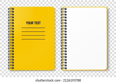 Horizontal Spiral Spring Yellow Notepad With Space For Your Image Or Text On Transparent Background For Mockup. Notebook Vector Design Concept. Clipart Illustration. Top View