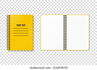 Horizontal spiral spring yellow notepad with space for your image or text on transparent background for mockup. Notebook vector design concept. Clipart illustration. Top view