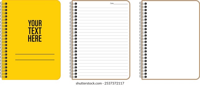 Horizontal spiral spring yellow notepad with space for your image or text on transparent background for mockup. Notebook vector design concept. Notebook Clipart illustration. Notebook Top view Vector