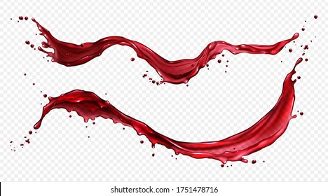Horizontal Splash Of Wine Or Red Juice Isolated On Transparent Background. Vector Realistic Set Of Liquid Waves Of Flowing Clear Fruit Drink, Strawberry, Grape Or Cherry Juice
