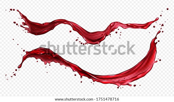 Horizontal splash of\
wine or red juice isolated on transparent background. Vector\
realistic set of liquid waves of flowing clear fruit drink,\
strawberry, grape or cherry\
juice