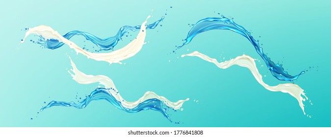 Horizontal splashes of water and white cream on blue background. Vector realistic set of liquid waves of flowing drinks, water and milk flows together. Combination of fluids for cosmetics