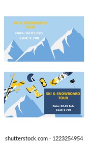 Horizontal sport and vacation tour flyer. Ski, snowboard, skate, hockey equipment. 